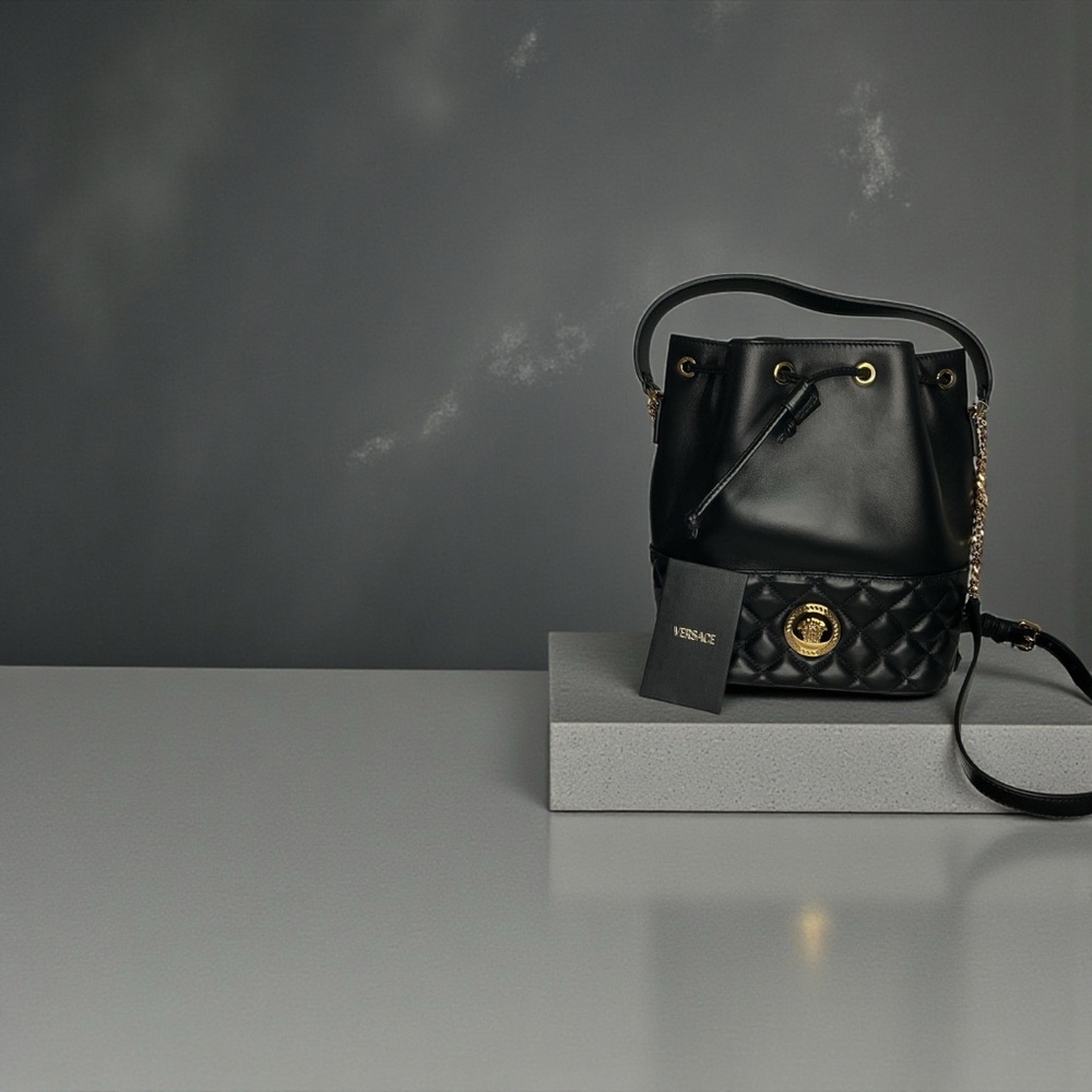 Versace Medusa Quilted Bucket Bag Black Leather Drawstring NWT